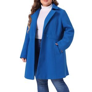 Plus Size Notched Lapel Single Breasted Wool Trench Peacoat Royal Blue